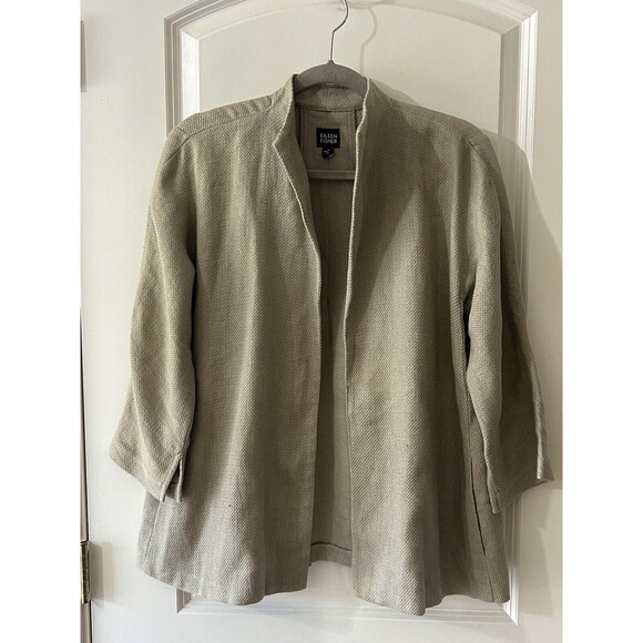 EILEEN FISHER Womens S Beige Linen Blend Open Blazer Jacket 3/4 Sleeve Pocket - Picture 1 of 11